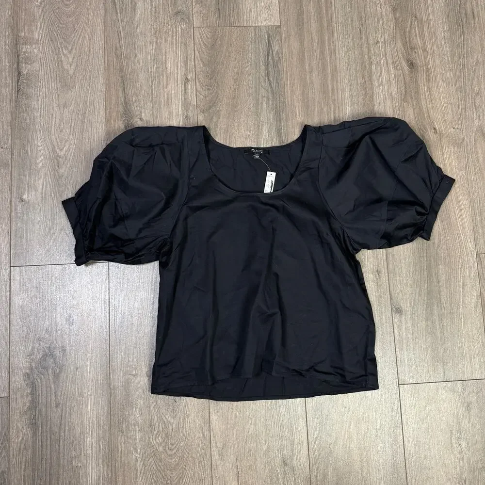 Madewell Puff Short Sleeve Scoop Neck Top Womens S Black Cotton Relaxed Pullover